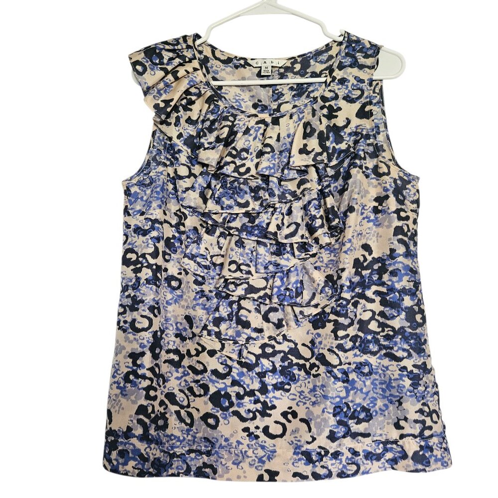 CAbi 100% Silk Top Women's SZ Medium Ruffles Tan/Blue Animal Print Office Party
